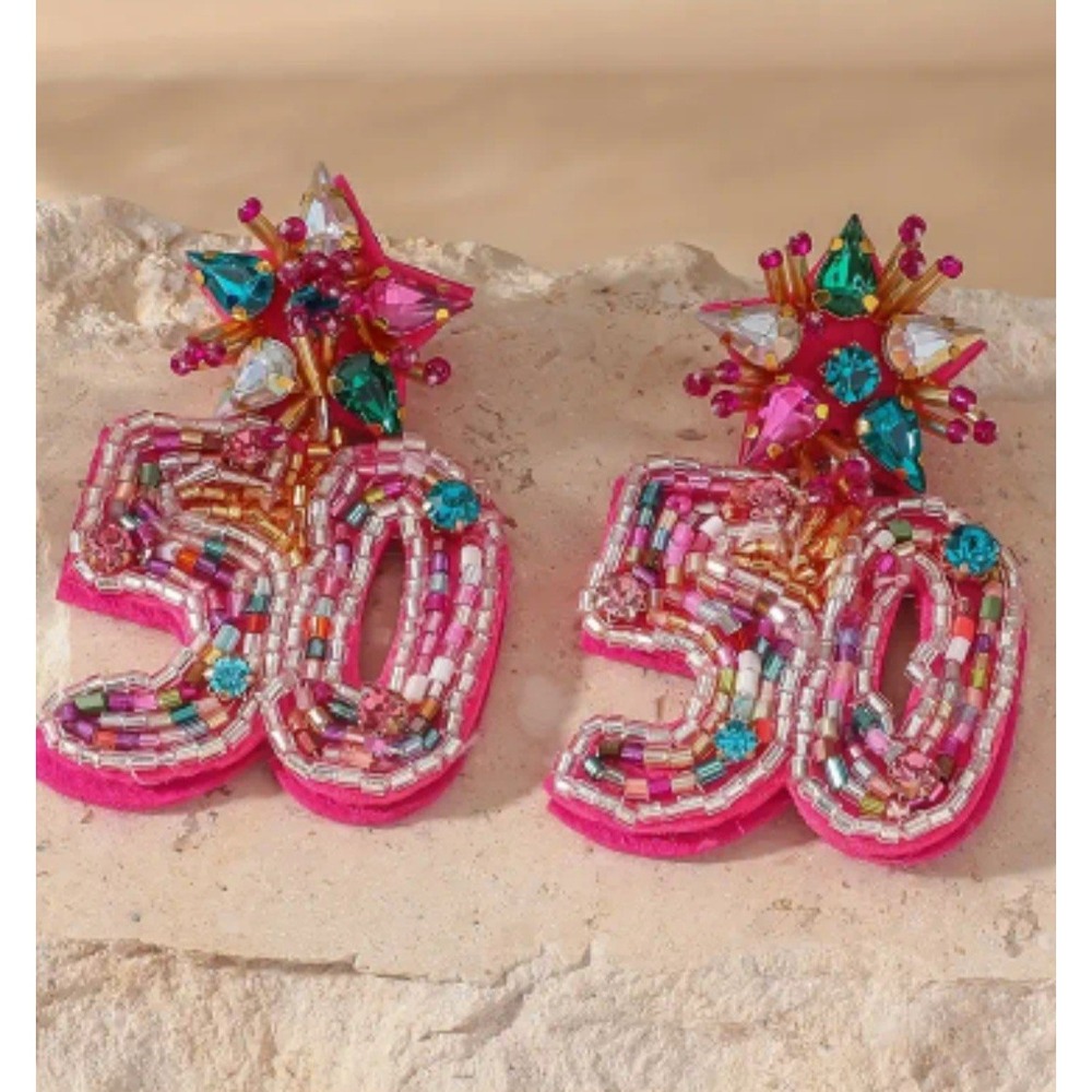 Pink Beaded 50th Birthday Statement Earrings Multi Color Rhinestone Starburst